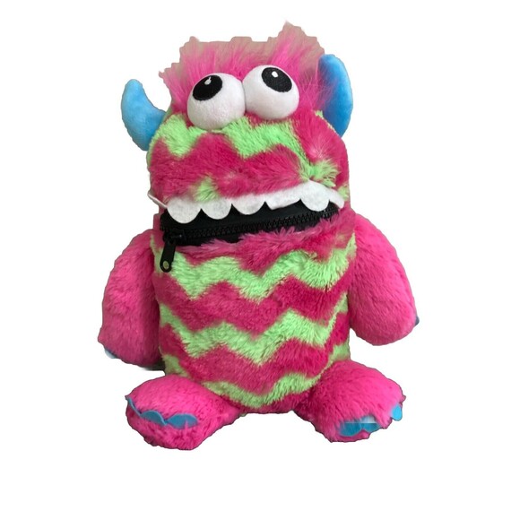 Gosh Designs Worry Monster Soft Plush Toy Pink and Green Zipper Mouth - Picture 1 of 10